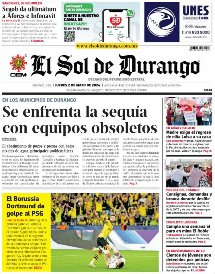 Portada de El Sol de Durango (México)