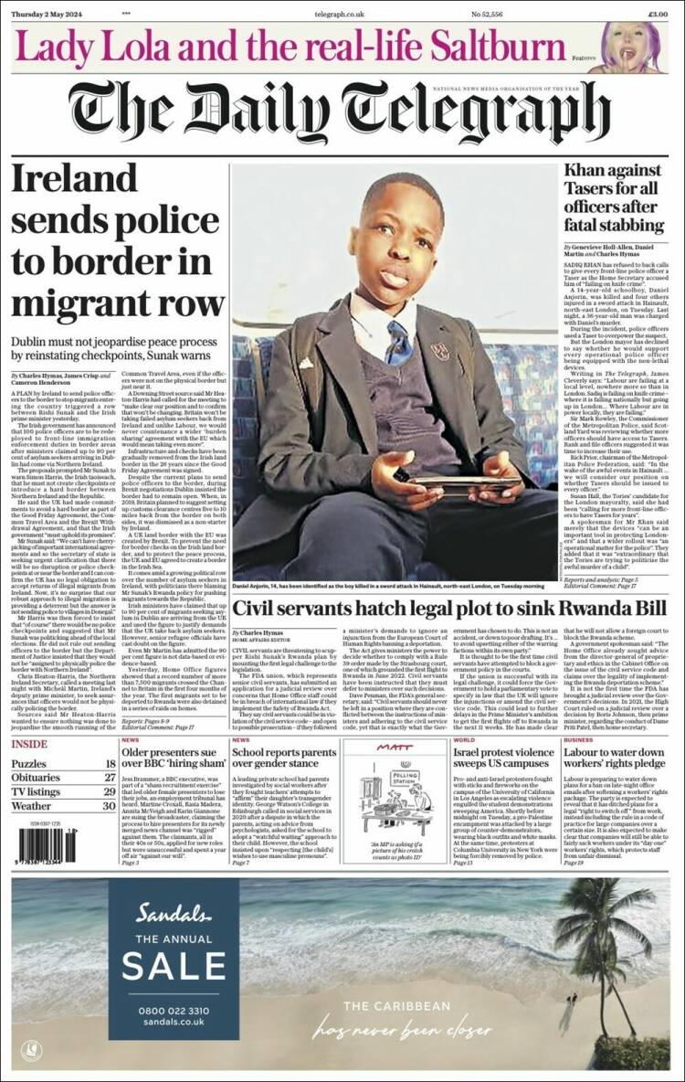 Portada de Daily Telegraph (Reino Unido)