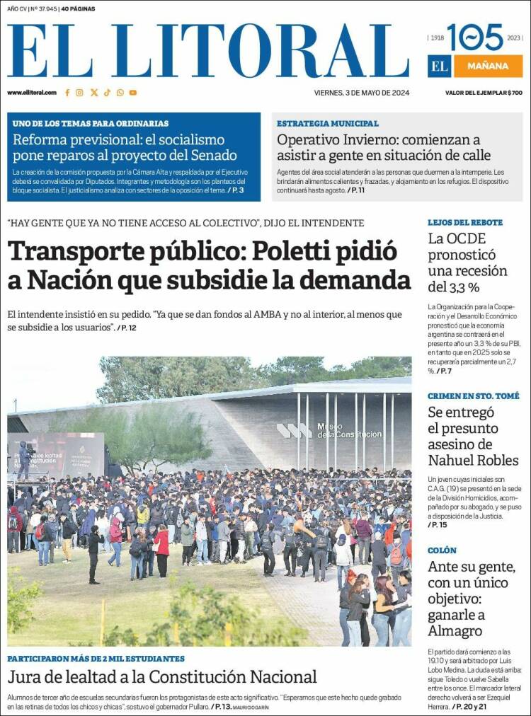 Portada de Diario El Litoral (Argentina)
