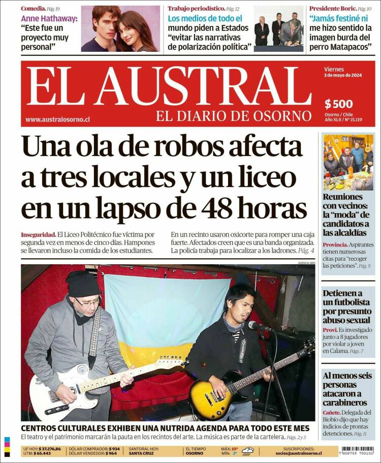 Portada de El Austral de Osorno (Chile)