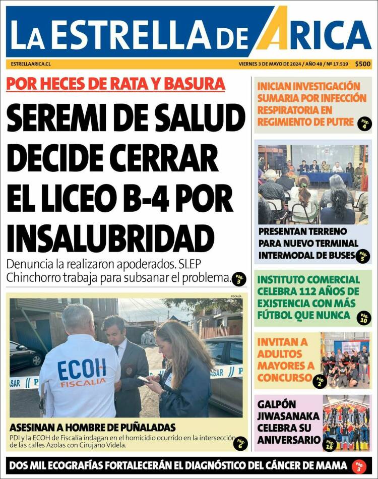 Portada de La Estrella de Arica (Chile)