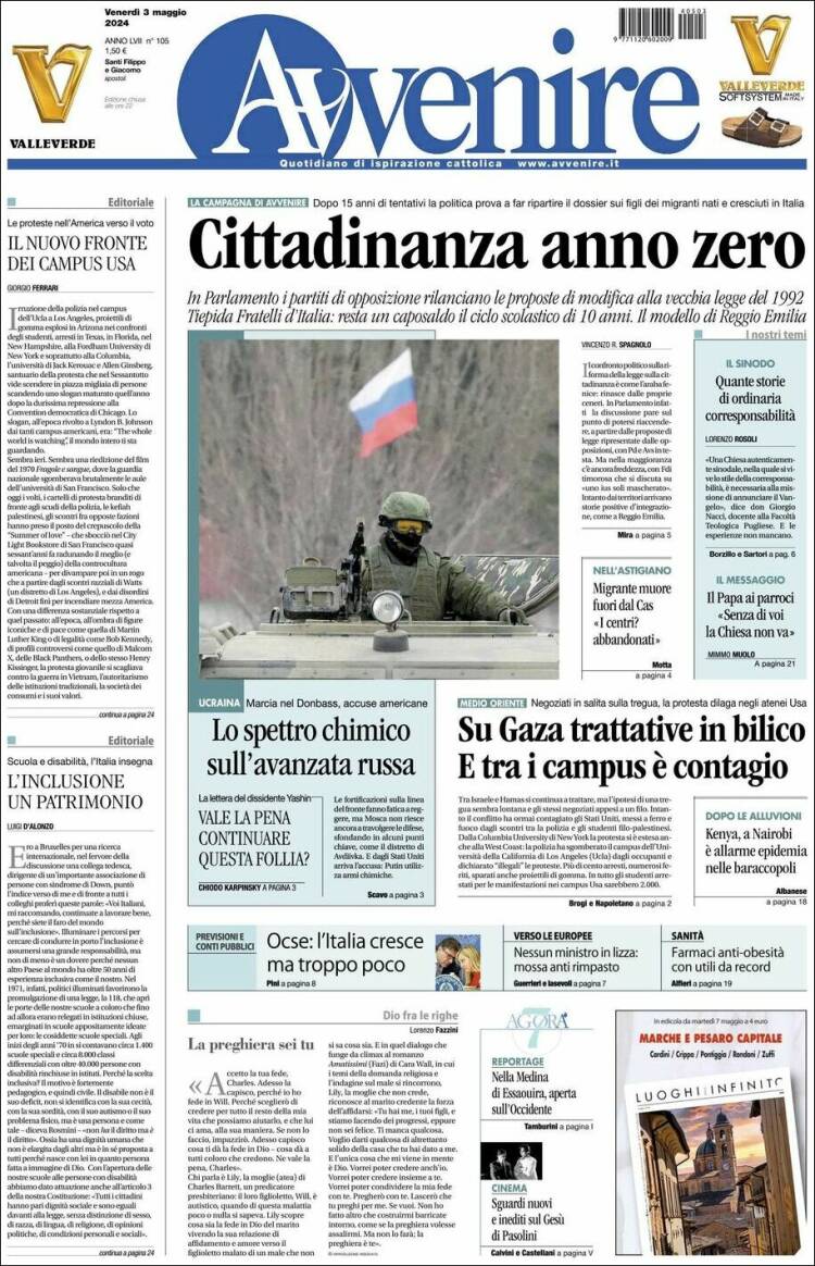 Portada de Avvenire (Italia)