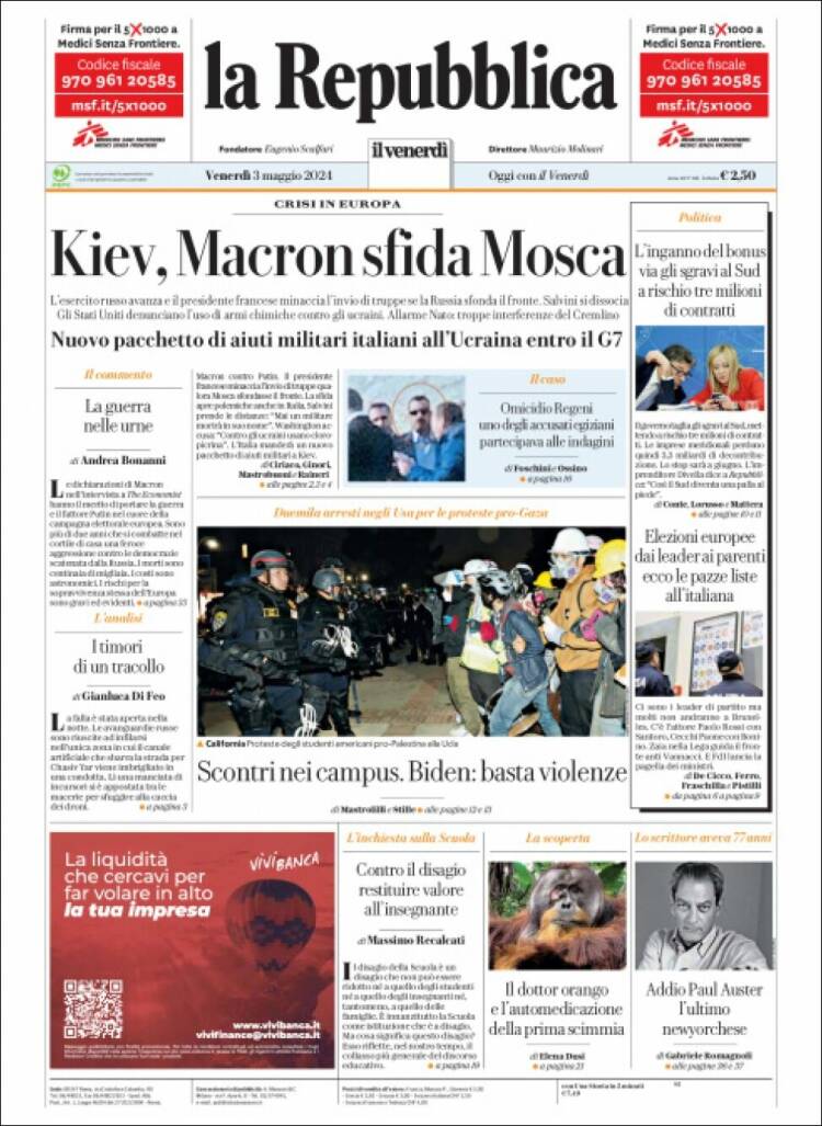 Portada de La Repubblica (Italia)
