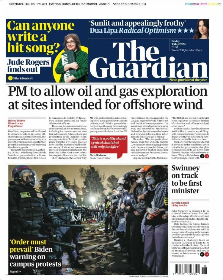 Portada de The Guardian (Reino Unido)