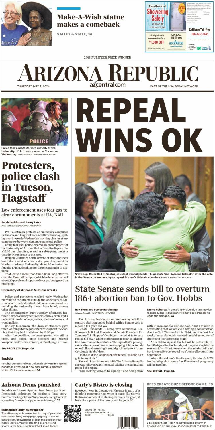 Portada de Arizona Republic News (USA)