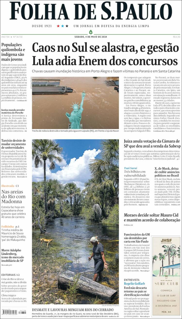 Portada de Folha de São Paulo (Brasil)