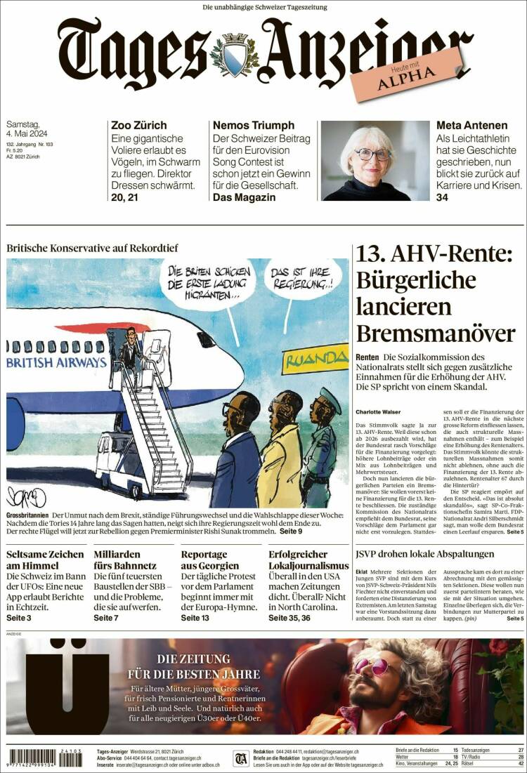 Portada de Tages-Anzeiger (Suiza)