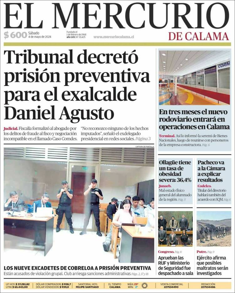 Portada de El Mercurio - Calama (Chile)