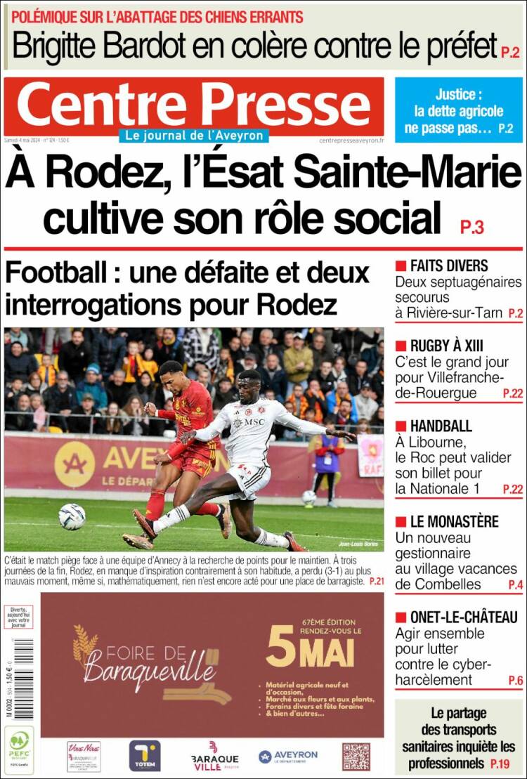 Portada de Centre Presse (Francia)