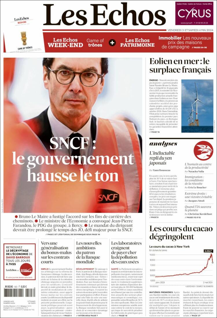 Portada de Les Echos (Francia)