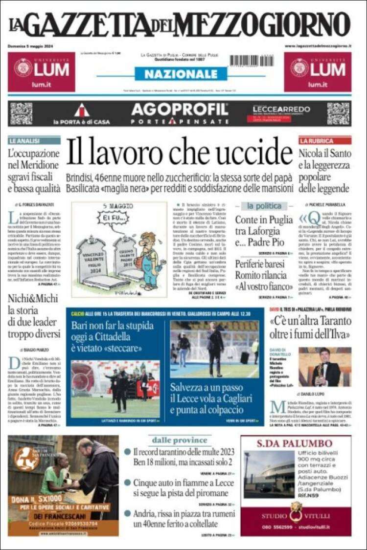 Portada de La Gazzetta del Mezzogiorno (Italia)