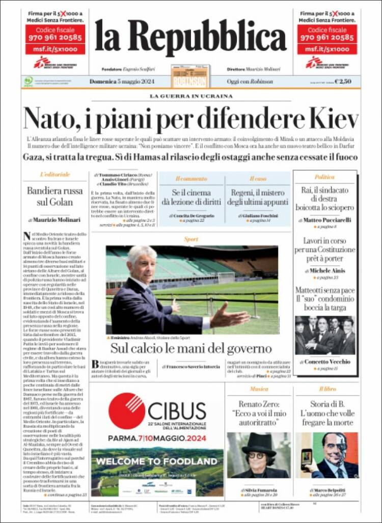Portada de La Repubblica (Italia)