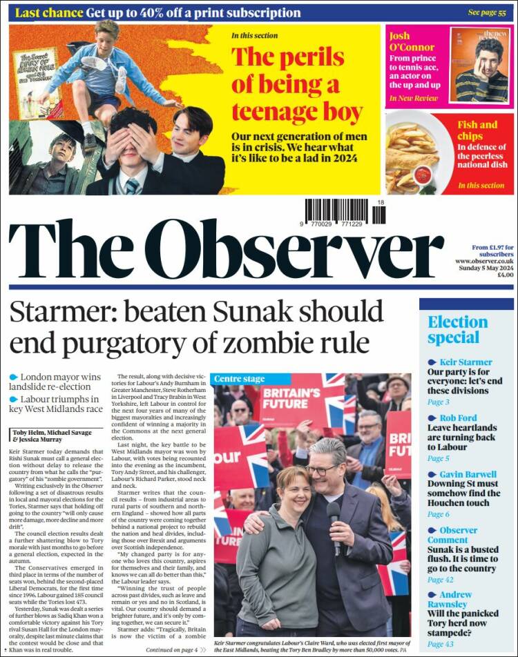 Portada de The Observer (Reino Unido)