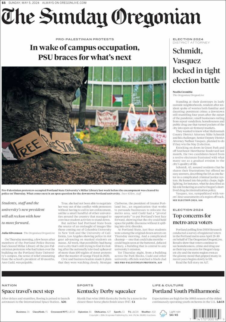 Portada de The Oregonian (USA)