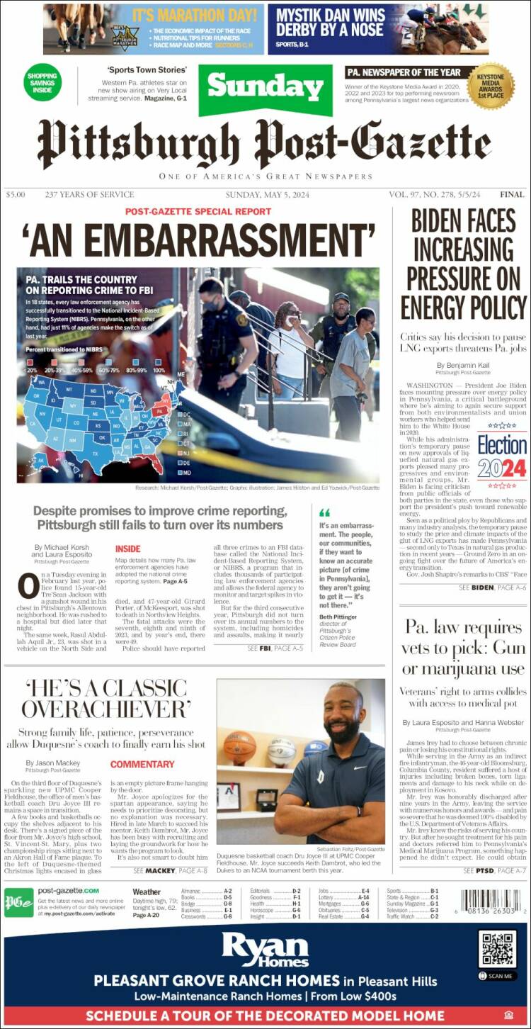 Portada de Pittsburgh Post-Gazette (USA)