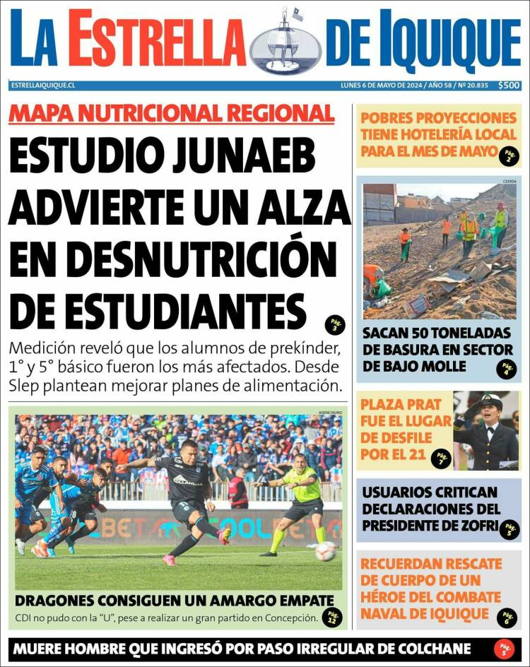 Portada de La Estrella de Iquique (Chile)