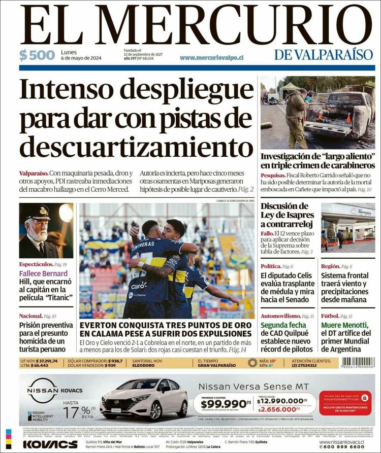 Portada de Mercurio de Valparaiso (Chile)