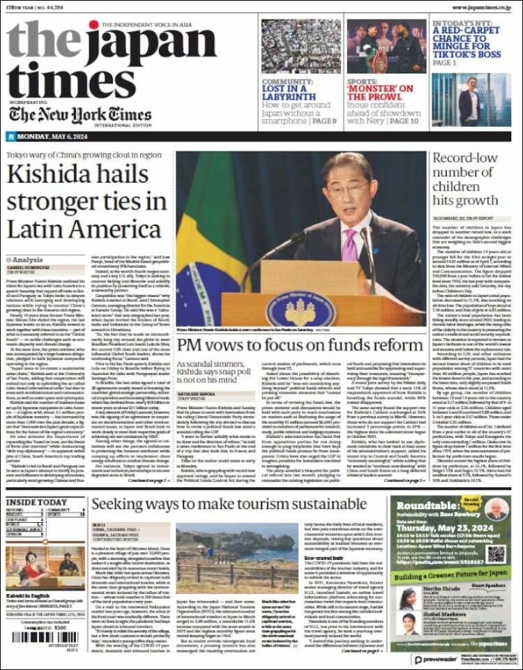 Portada de The Japan Times (Japón)