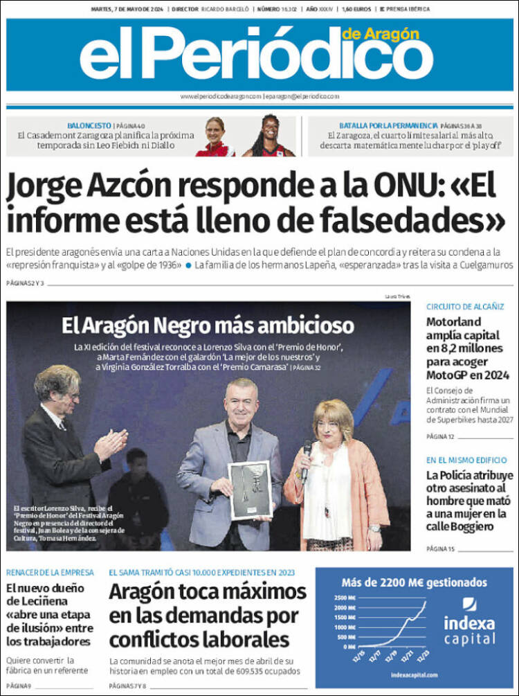 Portada de El Periódico de Aragón (España)