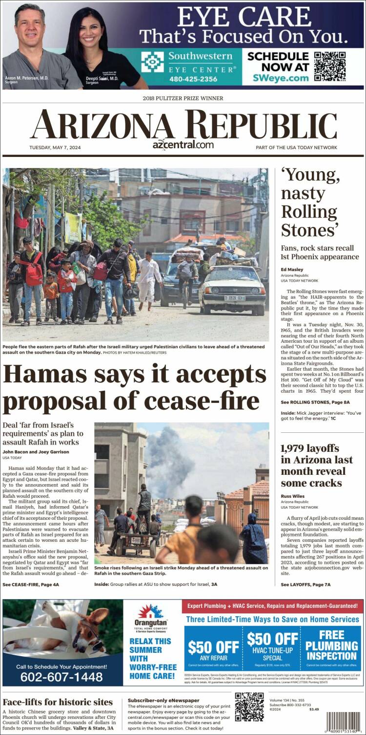 Portada de Arizona Republic News (USA)