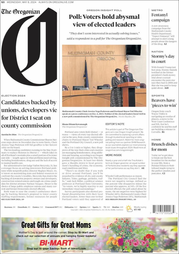 Portada de The Oregonian (USA)
