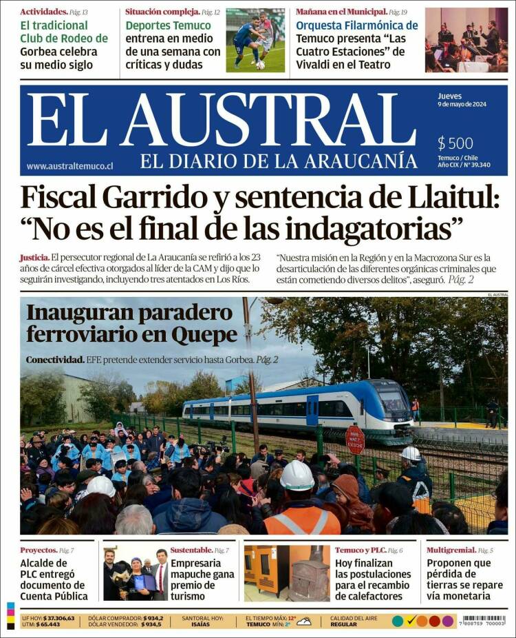 Portada de El Austral de Temuco (Chile)