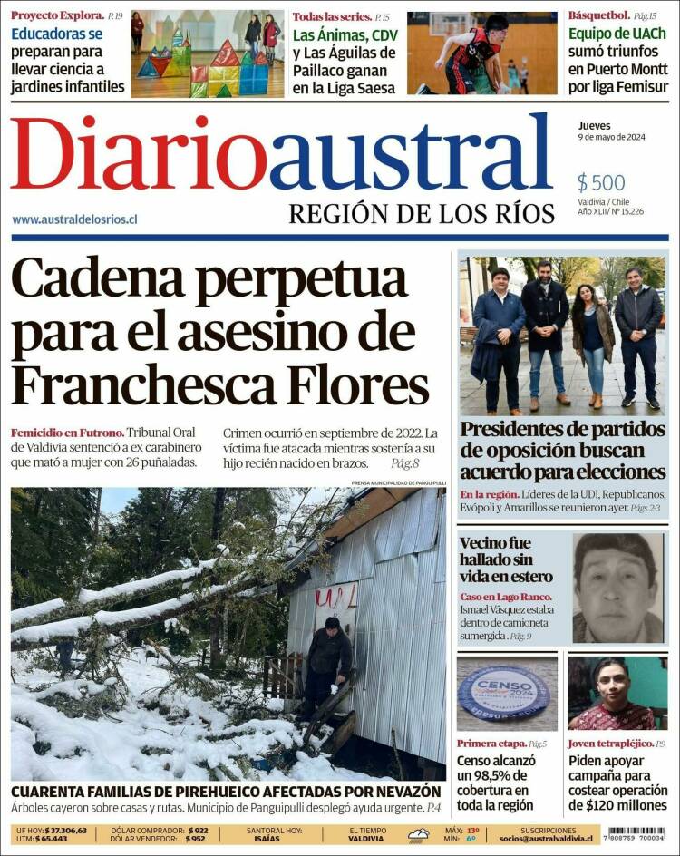 Portada de El Diario Austral de Valdivia (Chile)