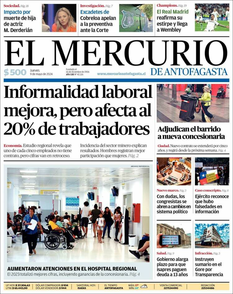 Portada de El Mercurio de Antofagasta (Chile)