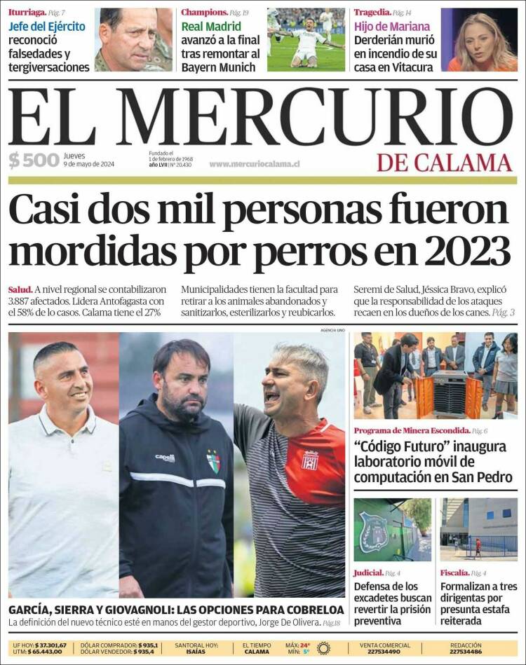 Portada de El Mercurio - Calama (Chile)
