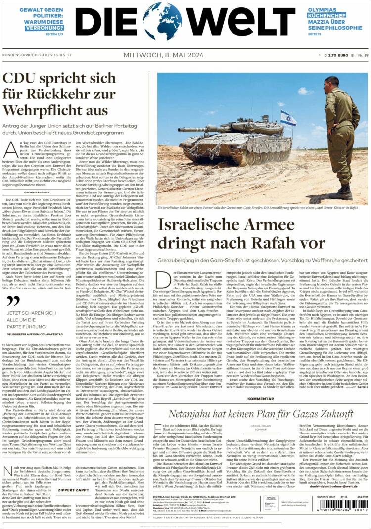 Portada de Die Welt (Germany)