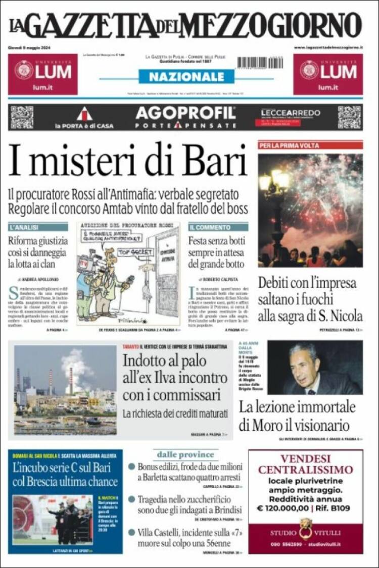 Portada de La Gazzetta del Mezzogiorno (Italia)