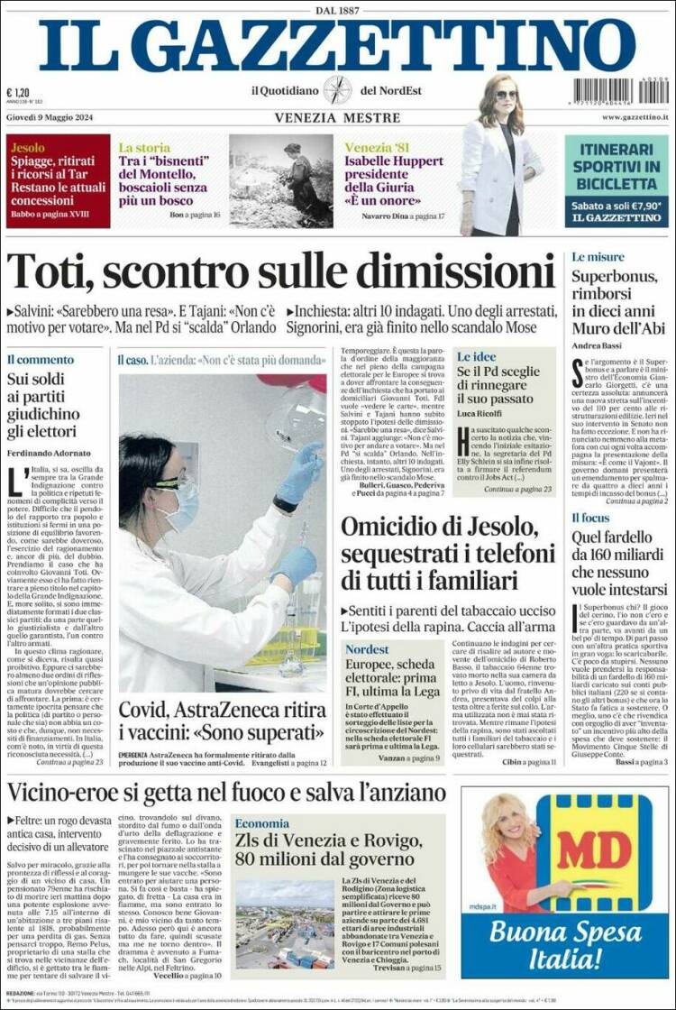 Portada de Il Gazzettino (Italia)