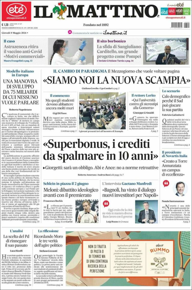 Portada de Il Mattino (Italia)