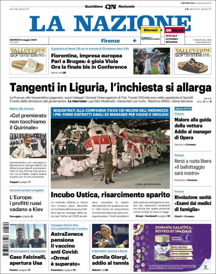 Portada de La Nazione (Italia)