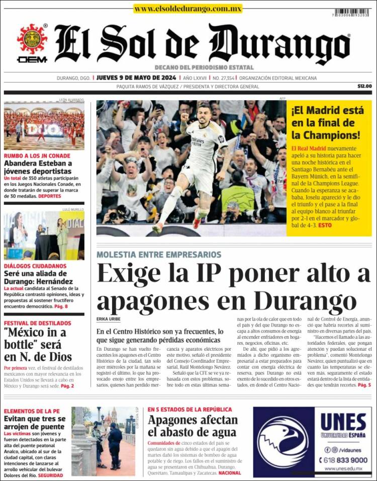 Portada de El Sol de Durango (M&eacute;xico)