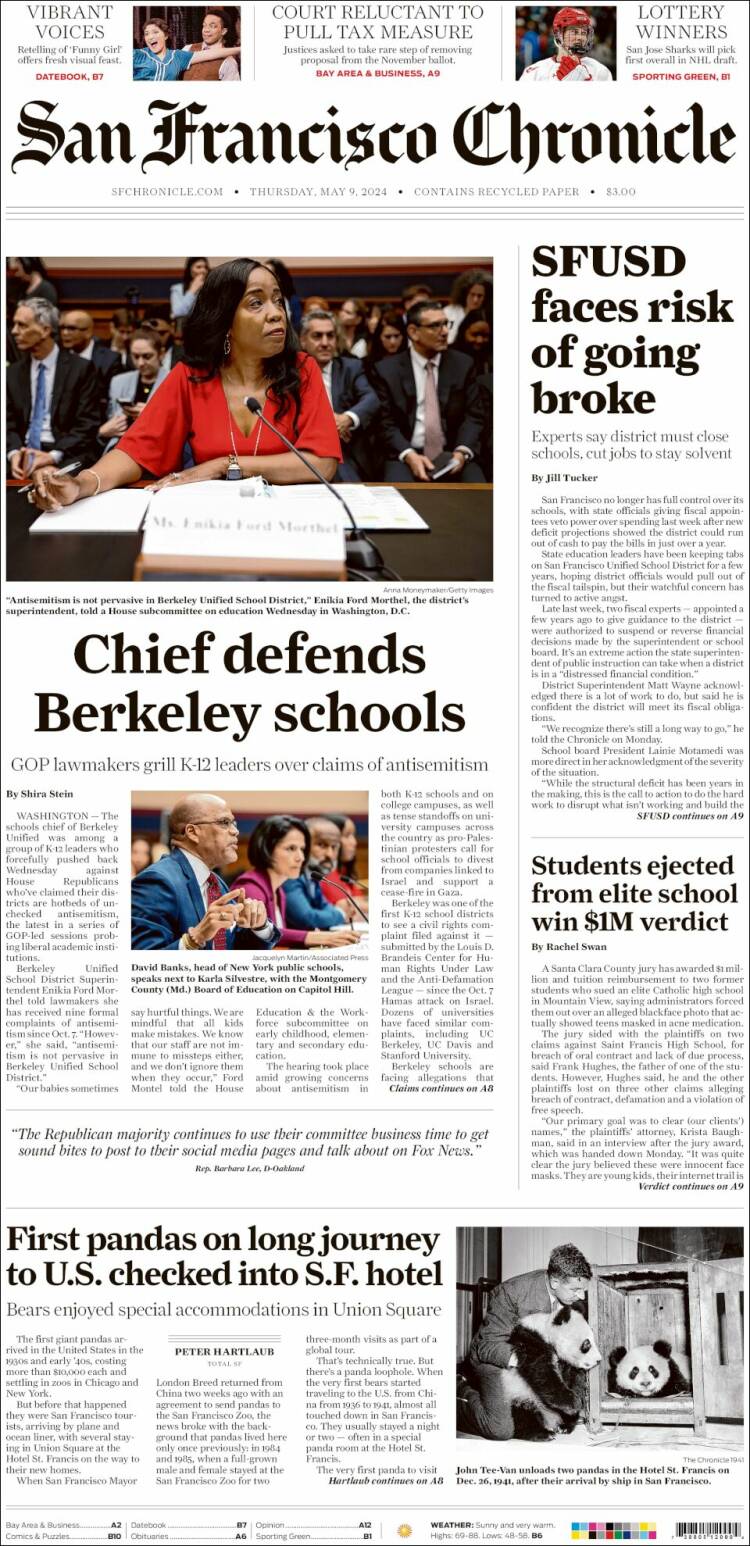 Portada de San Francisco Chronicle (USA)