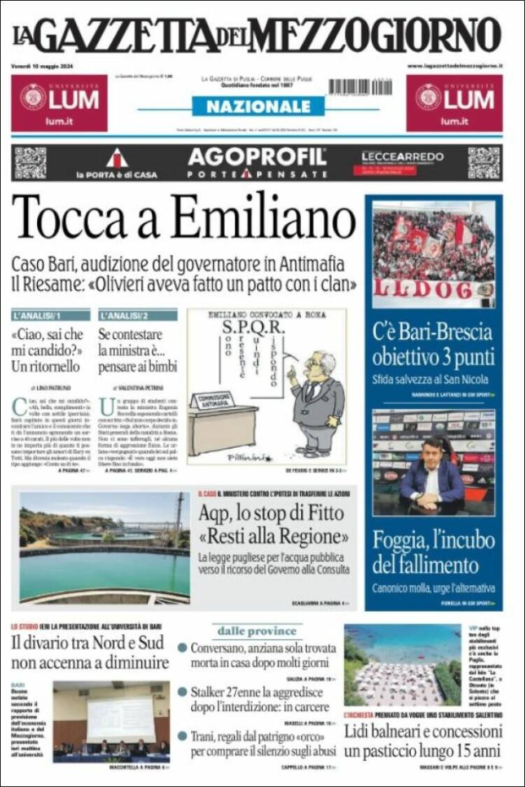 Portada de La Gazzetta del Mezzogiorno (Italia)