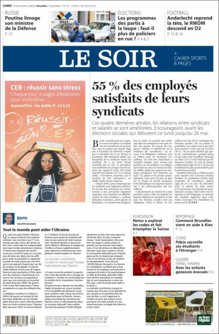 Portada de Le Soir (Belgique)