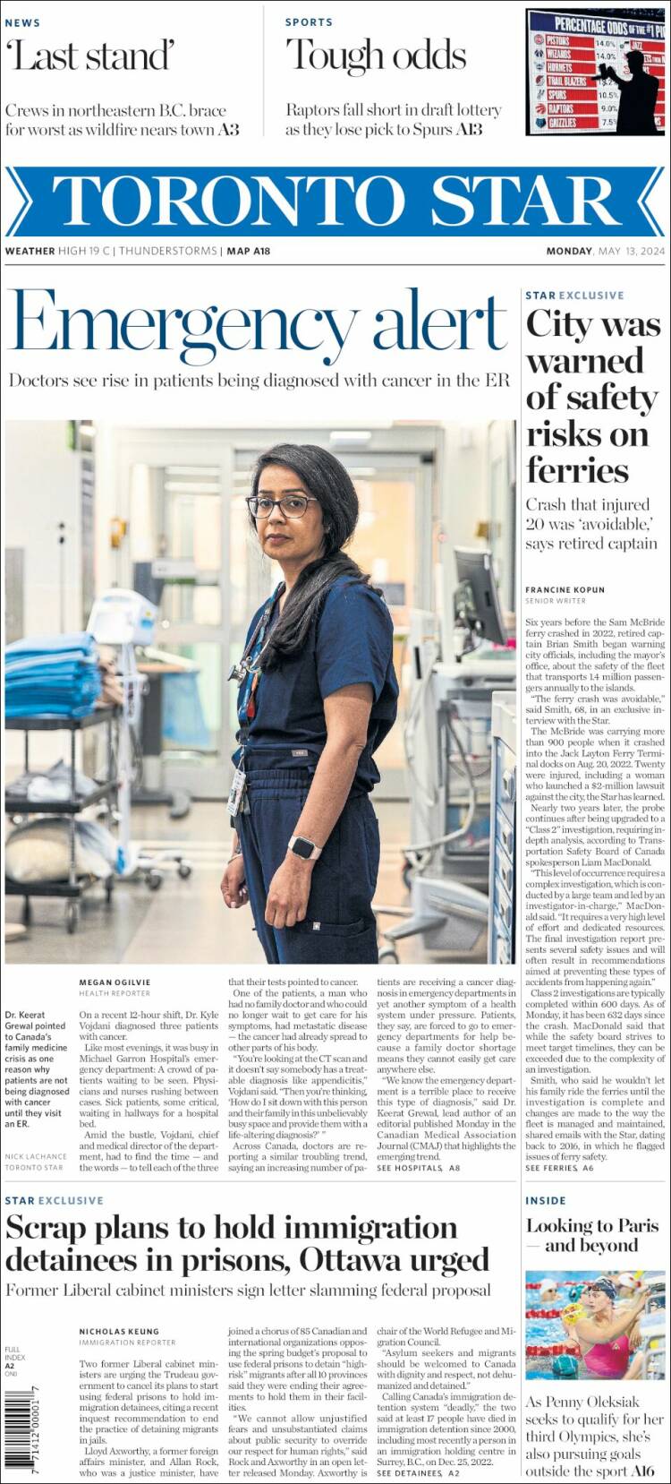 Portada de The Toronto Star (Canadá)