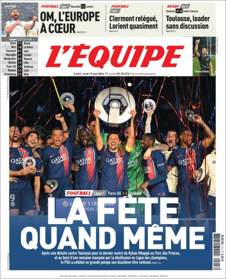 Portada de L'Equipe (Francia)