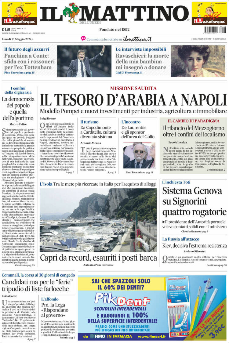 Portada de Il Mattino (Italia)