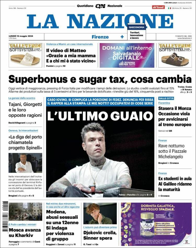 Portada de La Nazione (Italia)