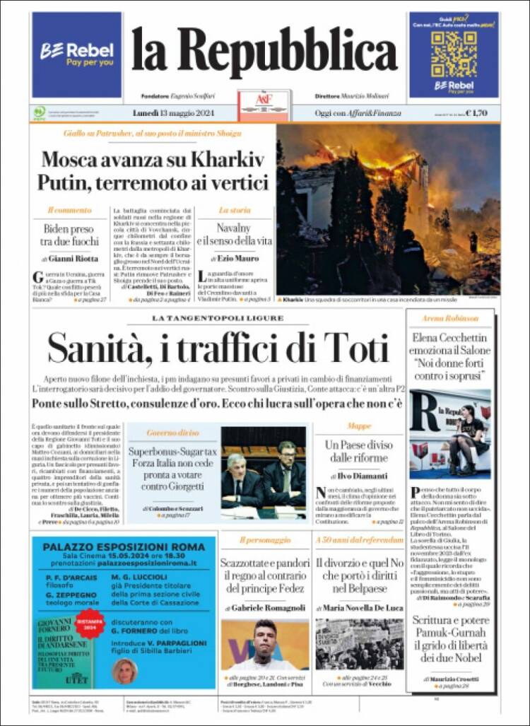 Portada de La Repubblica (Italia)