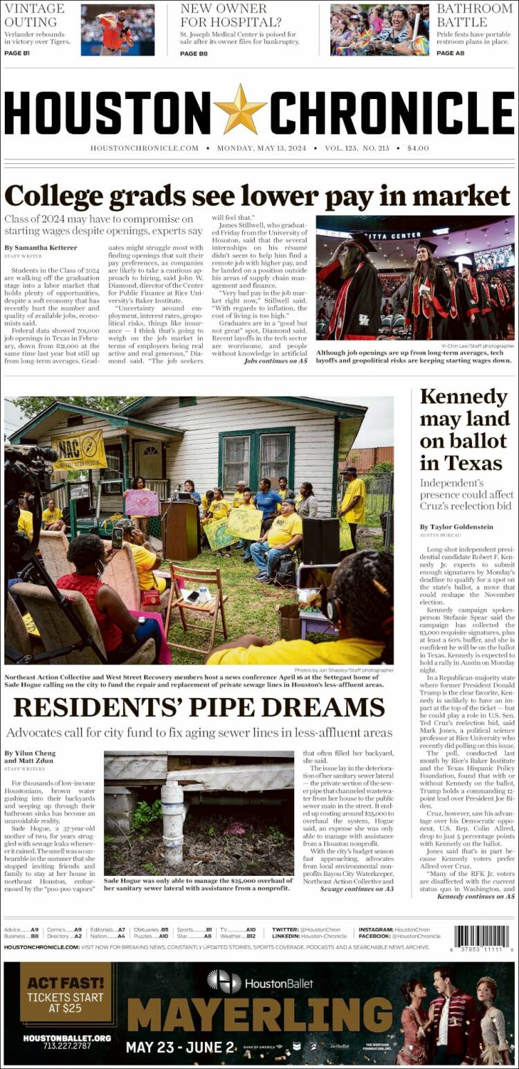 Portada de Houston Chronicle (USA)