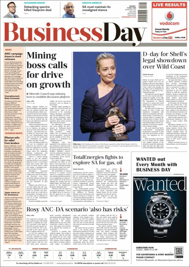 Portada de Business Day (Sud&aacute;frica)