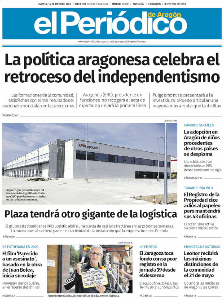 Portada de El Periódico de Aragón (España)