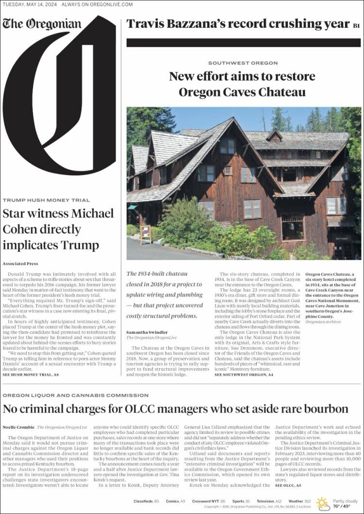 Portada de The Oregonian (USA)