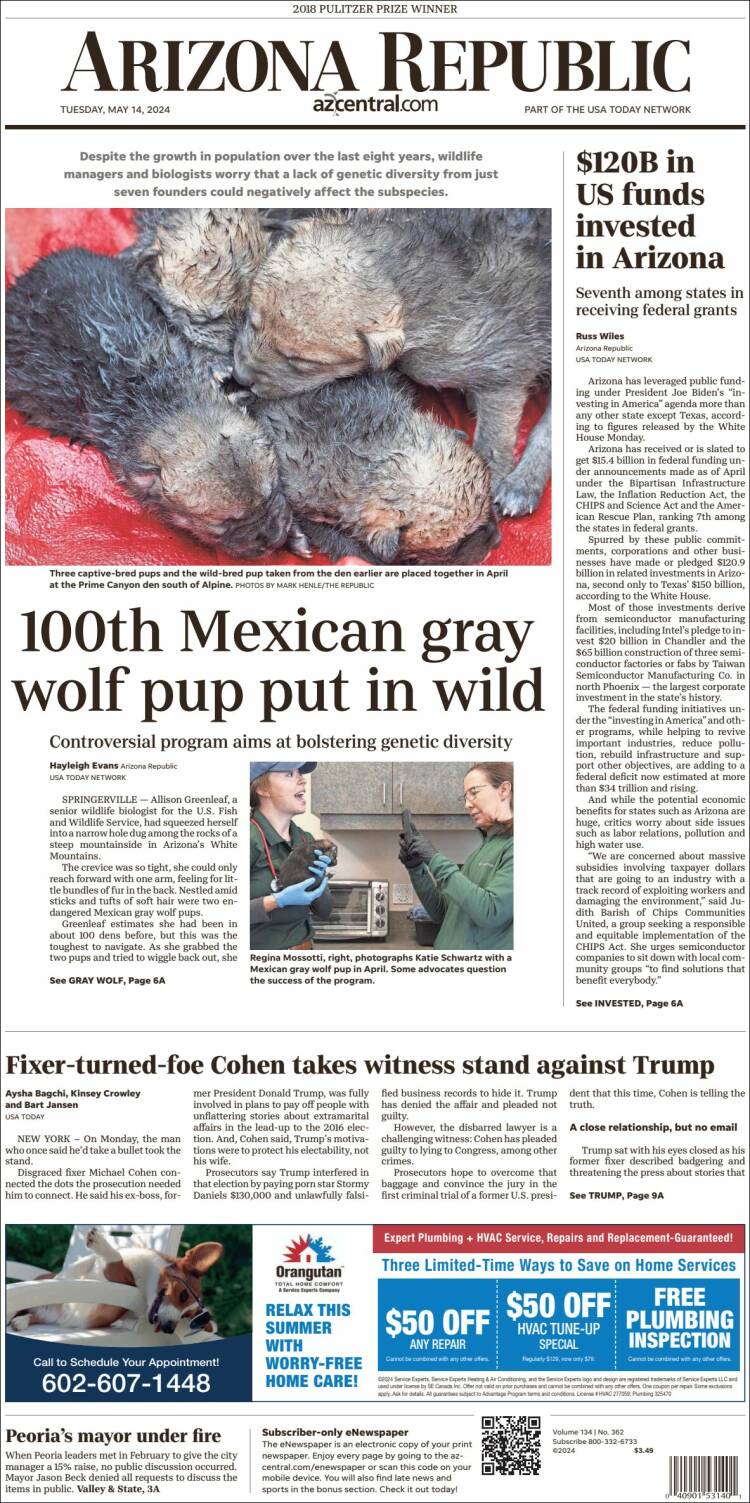 Portada de Arizona Republic News (USA)