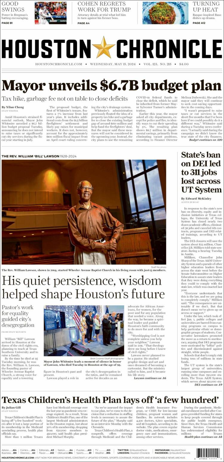 Portada de Houston Chronicle (USA)