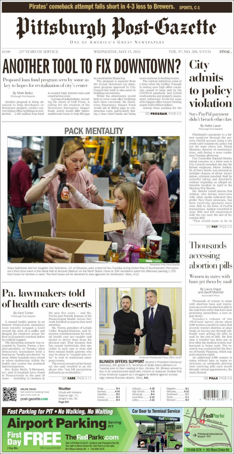 Portada de Pittsburgh Post-Gazette (USA)